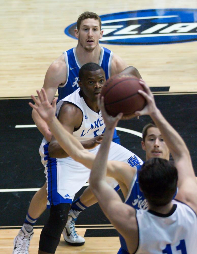 GVL / Kevin Sielaff - Trevin Alexander (5) calls for the ball in the paint.  The Lakers defeat the Chargers of Hillsdale College Saturday, Jan. 30, 2016 in Allendale.