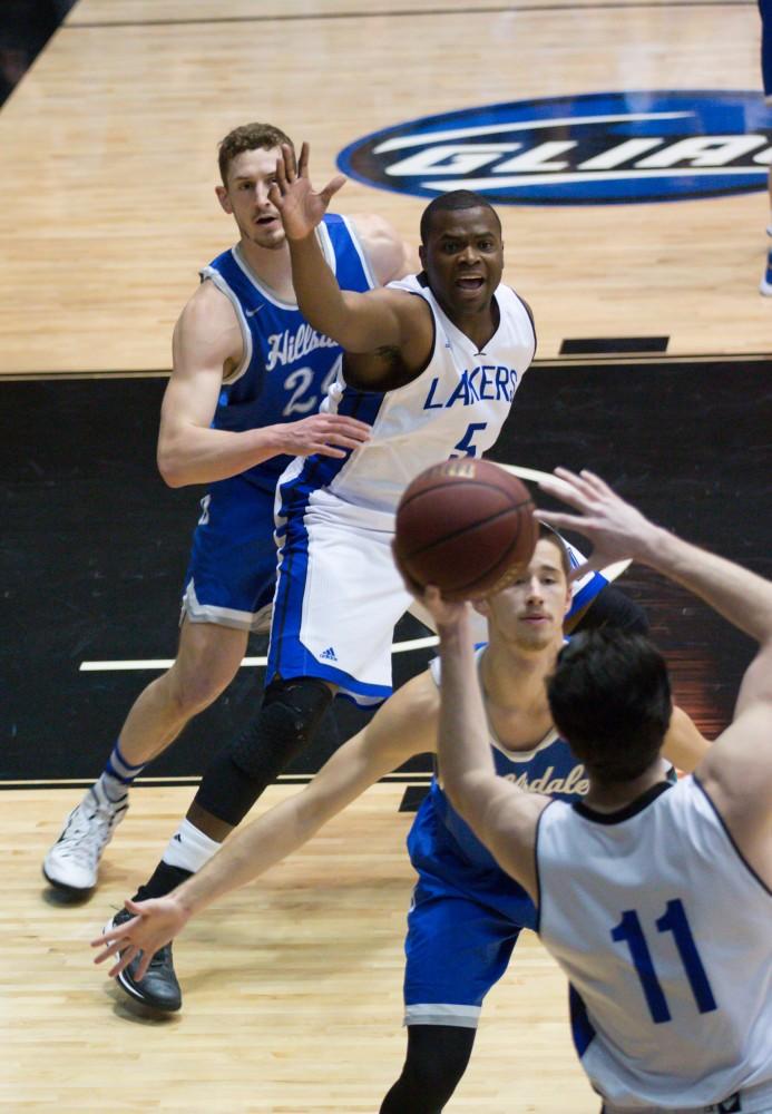 GVL / Kevin Sielaff - Trevin Alexander (5) calls for the ball in the paint.  The Lakers defeat the Chargers of Hillsdale College Saturday, Jan. 30, 2016 in Allendale.