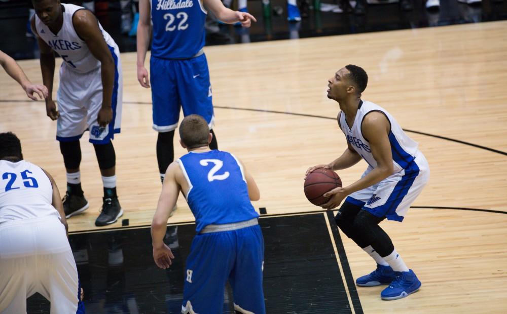 GVL / Kevin Sielaff - Aaron Hayes (1) steps to the line for a pair of free throws.  The Lakers defeat the Chargers of Hillsdale College Saturday, Jan. 30, 2016 in Allendale.