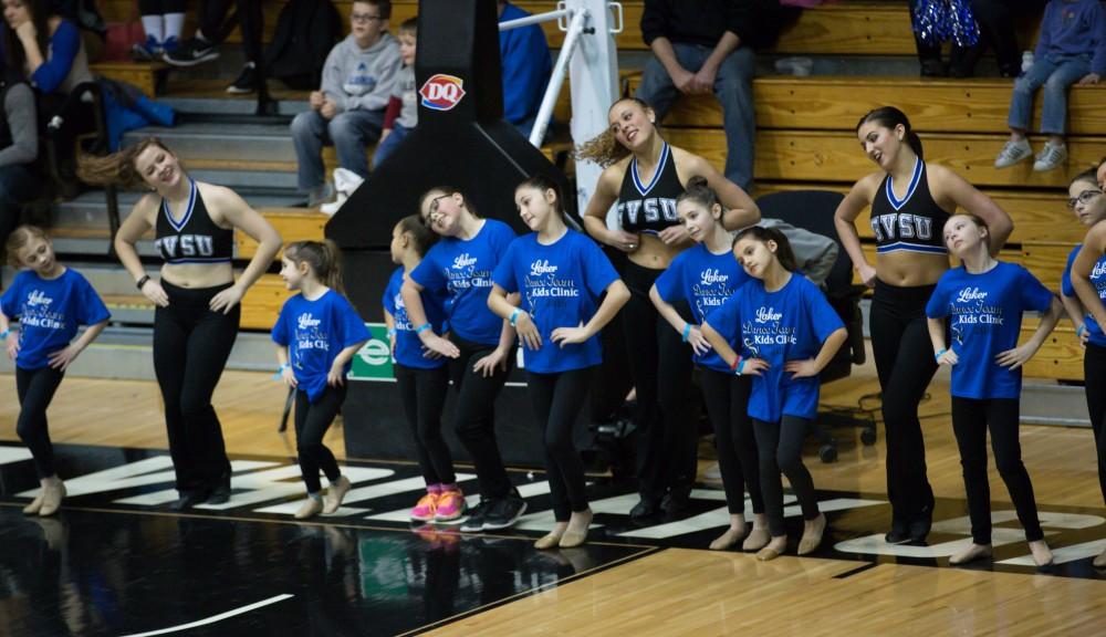 GVL / Kevin Sielaff - Grand Valley's dance team dances on the sidelines during the men's basketball game.  The Lakers defeat the Chargers of Hillsdale College Saturday, Jan. 30, 2016 in Allendale.