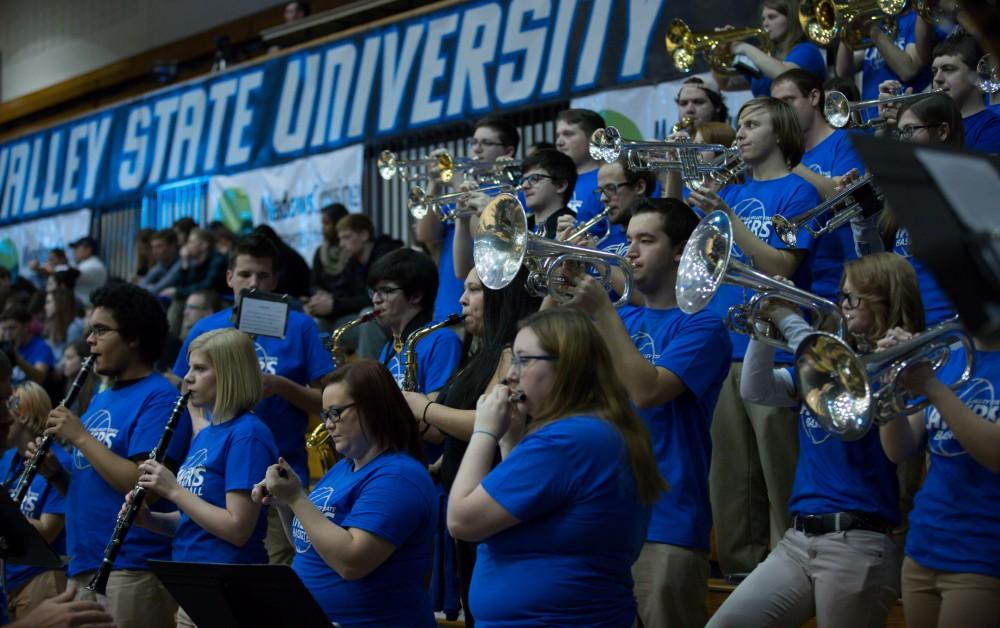 GVL / Kevin Sielaff - The Grand Valley State Marching Band plays during intermissions and time outs at the men's basketball game.  The Lakers defeat the Huskies of Michigan Tech with a final score of 64-53 Jan. 17, 2016 in Allendale.