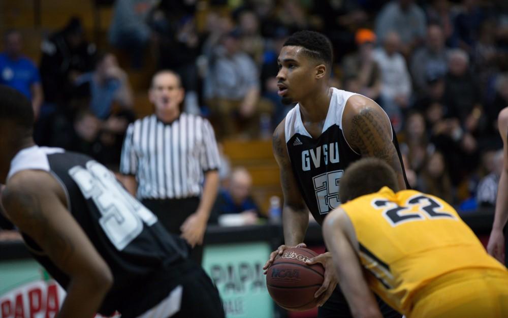 GVL / Kevin Sielaff - Chaz Rollins (25) prepares to take a pair of free throws.  The Lakers defeat the Huskies of Michigan Tech with a final score of 64-53 Jan. 17, 2016 in Allendale.