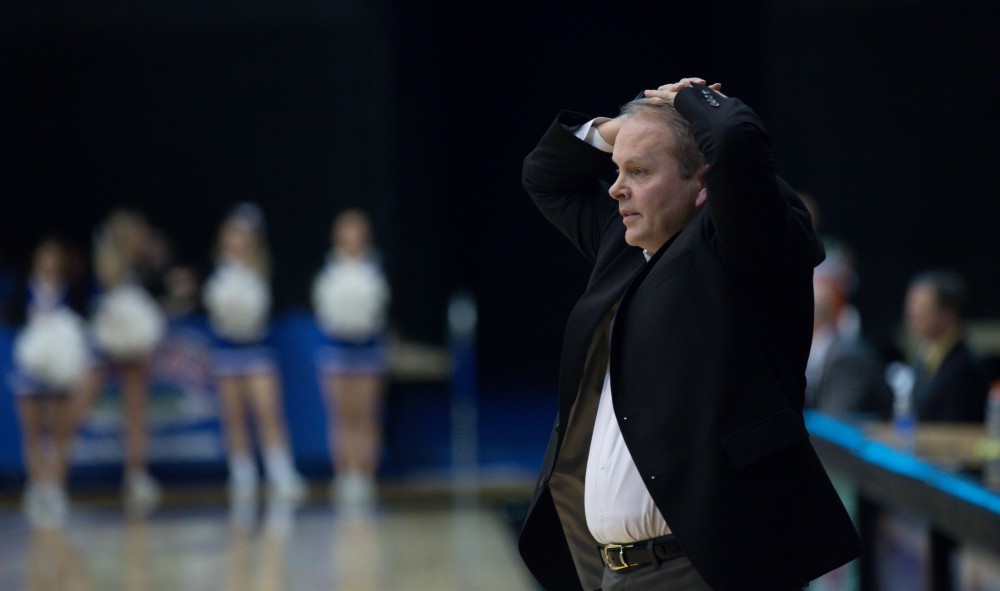 GVL / Kevin Sielaff - Head coach Ric Wesley, upset by the officials, looks on toward the play.  The Lakers defeat the Huskies of Michigan Tech with a final score of 64-53 Jan. 17, 2016 in Allendale.