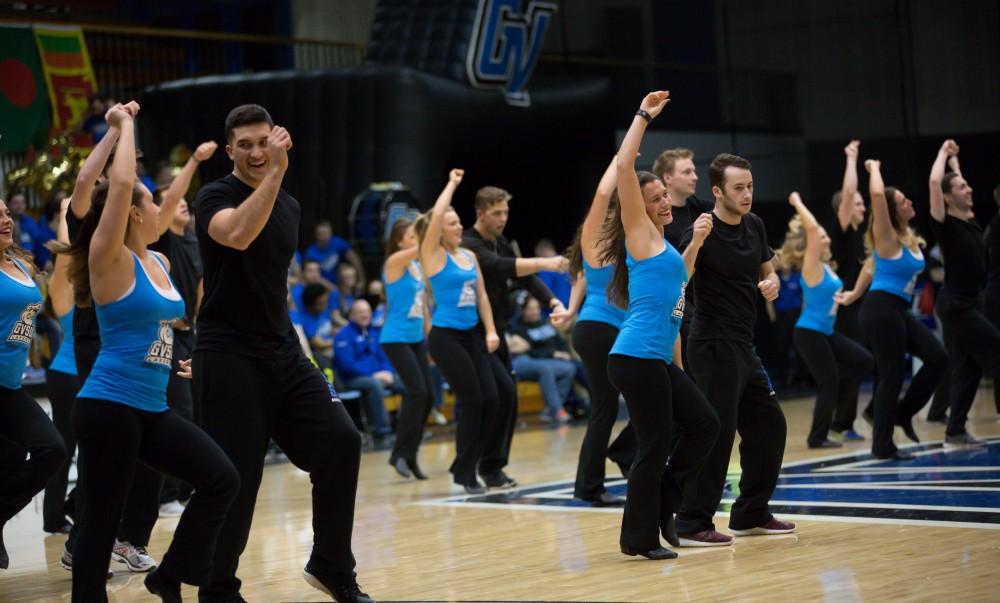 GVL / Kevin Sielaff - Grand Valley's dance team performs during half time.  The Lakers defeat the Timberwolves of Northwood University with a final score of 66-53 Jan. 24, 2016 in Allendale.