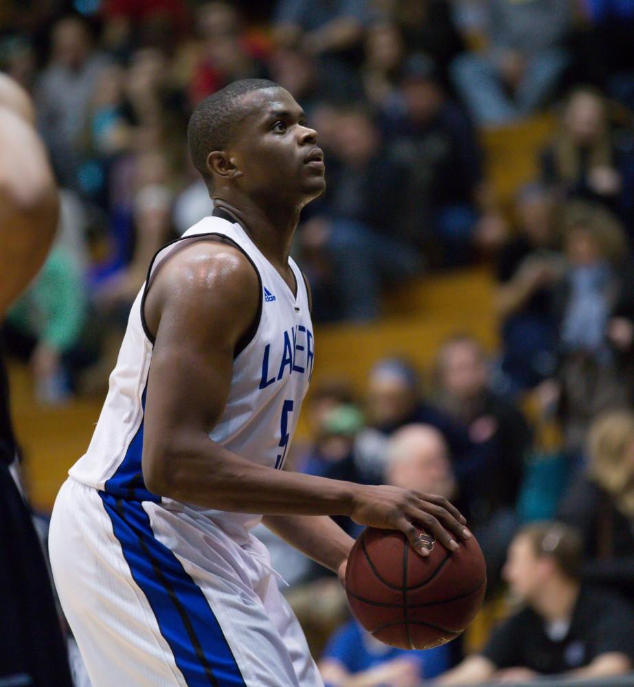 GVL / Kevin Sielaff - Trevin Alexander (5) goes up for a free throw.  The Lakers defeat the Timberwolves of Northwood University with a final score of 66-53 Jan. 24, 2016 in Allendale.