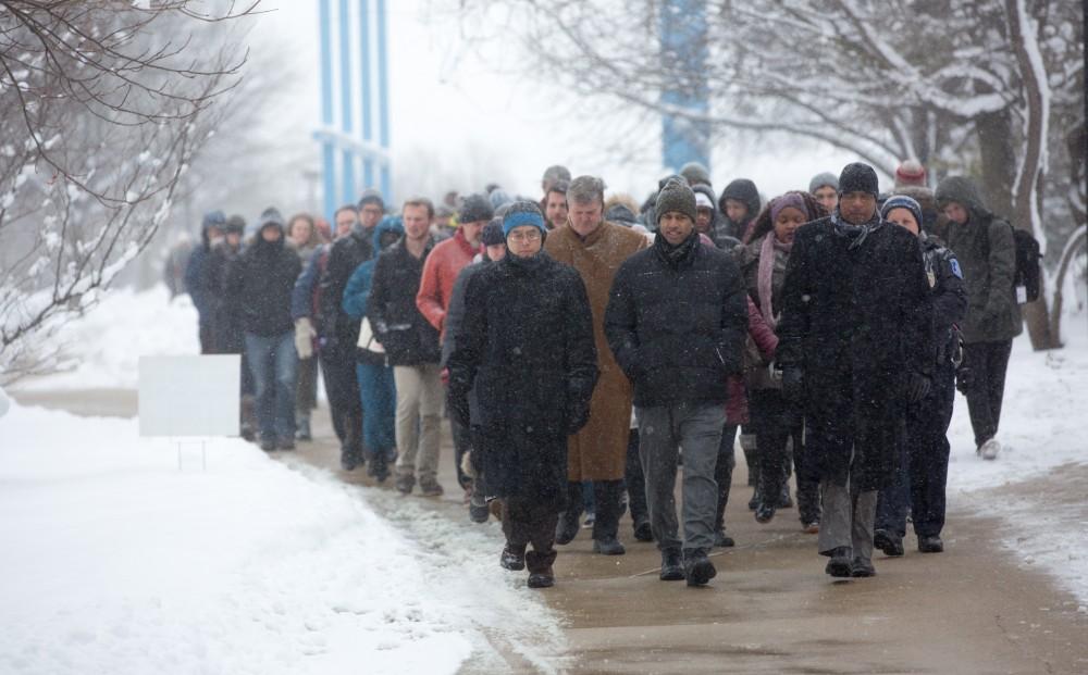 GVL / Kevin Sielaff - Touré, Vice columnist and well known author, visits Grand Valley's Allendale campus on a chilly Jan. 18, 2016. Hundreds of students gathered inside the Fieldhouse to listen to Touré's keynote speech; the students also participated in a silent march before the event.