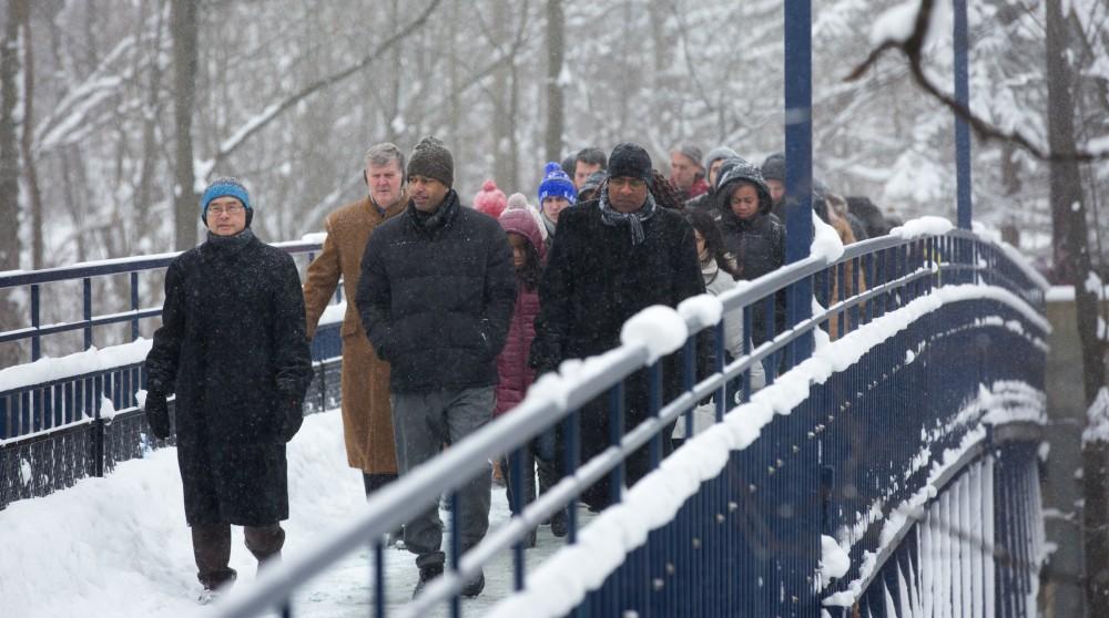 GVL / Kevin Sielaff - Touré, Vice columnist and well known author, visits Grand Valley's Allendale campus on a chilly Jan. 18, 2016. Hundreds of students gathered inside the Fieldhouse to listen to Touré's keynote speech; the students also participated in a silent march before the event.