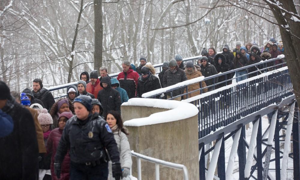 GVL / Kevin Sielaff - Touré, Vice columnist and well known author, visits Grand Valley's Allendale campus on a chilly Jan. 18, 2016. Hundreds of students gathered inside the Fieldhouse to listen to Touré's keynote speech; the students also participated in a silent march before the event.