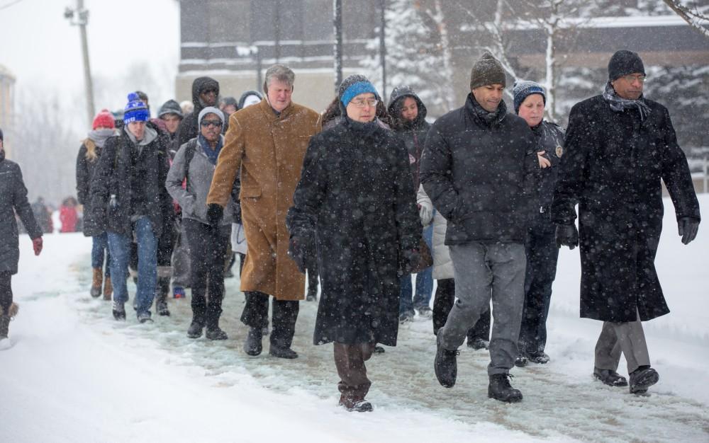 GVL / Kevin Sielaff - Touré, Vice columnist and well known author, visits Grand Valley's Allendale campus on a chilly Jan. 18, 2016. Hundreds of students gathered inside the Fieldhouse to listen to Touré's keynote speech; the students also participated in a silent march before the event.