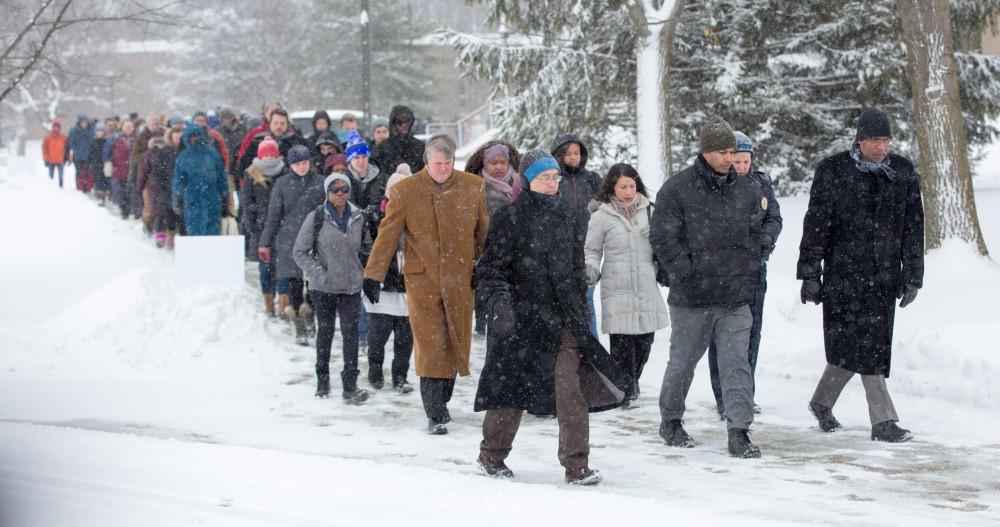 GVL / Kevin Sielaff - Touré, Vice columnist and well known author, visits Grand Valley's Allendale campus on a chilly Jan. 18, 2016. Hundreds of students gathered inside the Fieldhouse to listen to Touré's keynote speech; the students also participated in a silent march before the event.