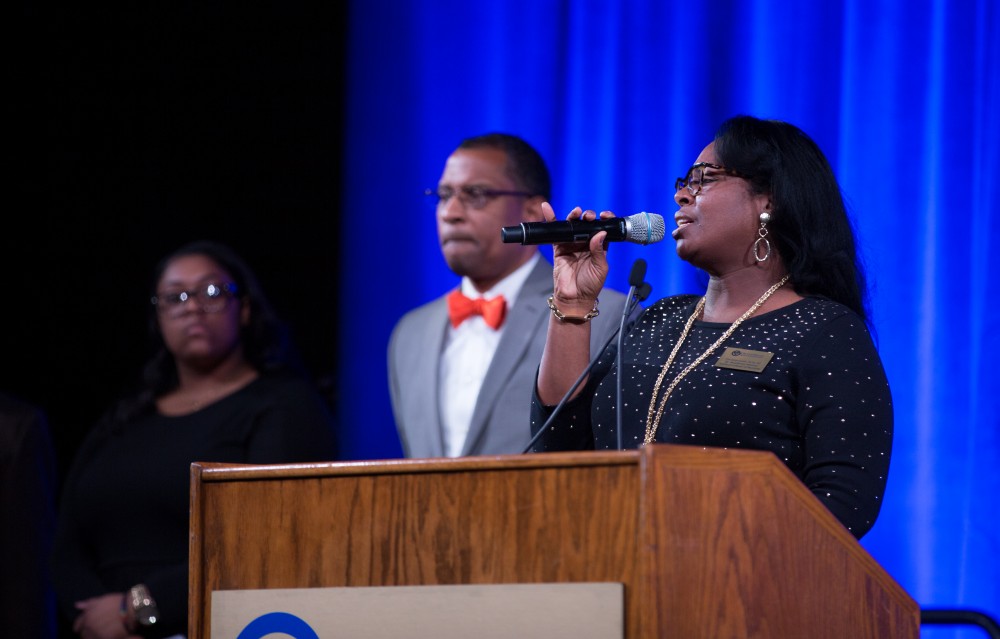 GVL / Kevin Sielaff - Touré, Vice columnist and well known author, visits Grand Valley's Allendale campus on a chilly Jan. 18, 2016. Hundreds of students gathered inside the Fieldhouse to listen to Touré's keynote speech; the students also participated in a silent march before the event.