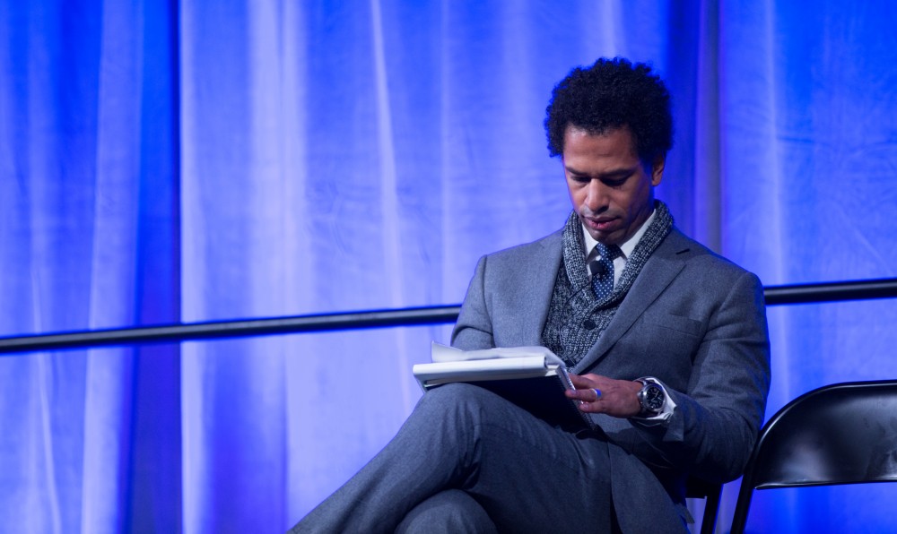 GVL / Kevin Sielaff - Touré, Vice columnist and well known author, visits Grand Valley's Allendale campus on a chilly Jan. 18, 2016. Hundreds of students gathered inside the Fieldhouse to listen to Touré's keynote speech; the students also participated in a silent march before the event.