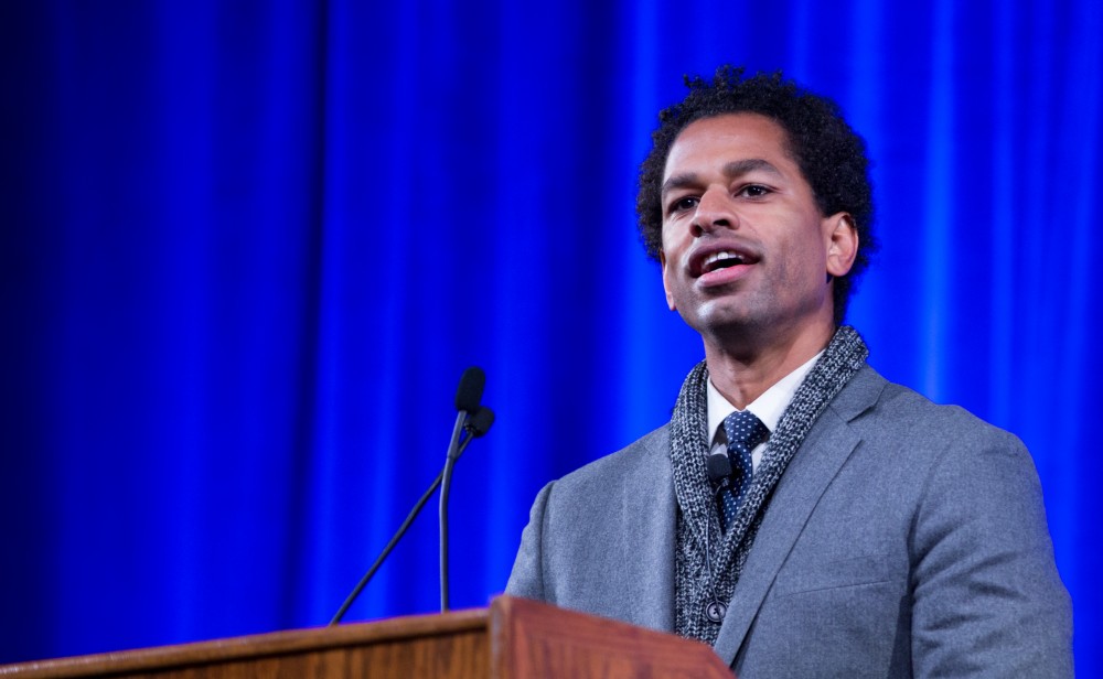 GVL / Kevin Sielaff - Touré, Vice columnist and well known author, visits Grand Valley's Allendale campus on a chilly Jan. 18, 2016. Hundreds of students gathered inside the Fieldhouse to listen to Touré's keynote speech; the students also participated in a silent march before the event.