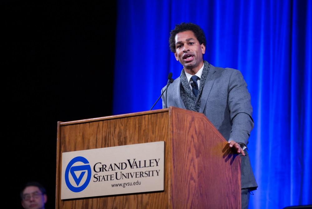 GVL / Kevin Sielaff - Touré, Vice columnist and well known author, visits Grand Valley's Allendale campus on a chilly Jan. 18, 2016. Hundreds of students gathered inside the Fieldhouse to listen to Touré's keynote speech; the students also participated in a silent march before the event.