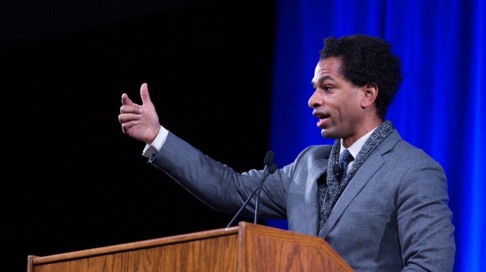 GVL / Kevin Sielaff - Touré, Vice columnist and well known author, visits Grand Valley's Allendale campus on a chilly Jan. 18, 2016. Hundreds of students gathered inside the Fieldhouse to listen to Touré's keynote speech; the students also participated in a silent march before the event.