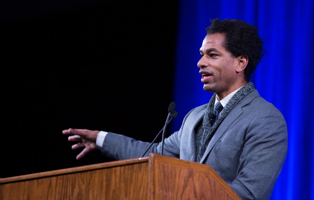 GVL / Kevin Sielaff - Touré, Vice columnist and well known author, visits Grand Valley's Allendale campus on a chilly Jan. 18, 2016. Hundreds of students gathered inside the Fieldhouse to listen to Touré's keynote speech; the students also participated in a silent march before the event.