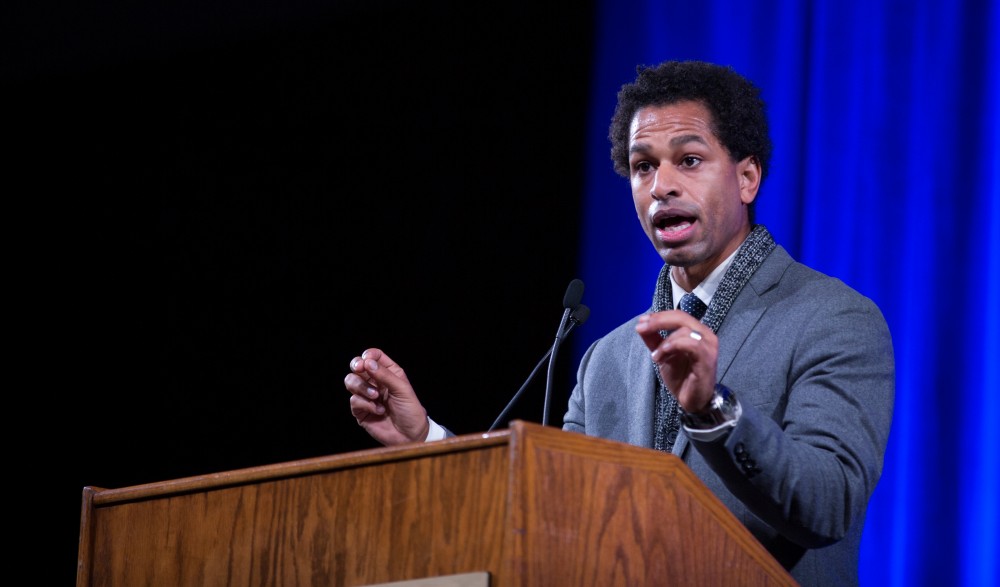 GVL / Kevin Sielaff - Touré, Vice columnist and well known author, visits Grand Valley's Allendale campus on a chilly Jan. 18, 2016. Hundreds of students gathered inside the Fieldhouse to listen to Touré's keynote speech; the students also participated in a silent march before the event.