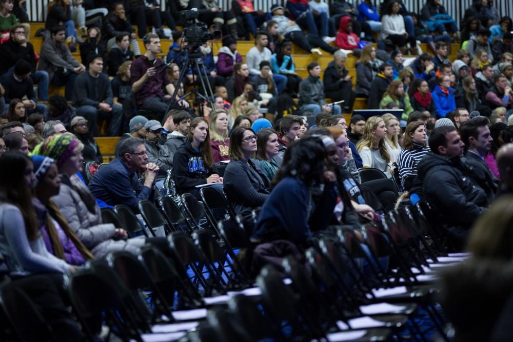 GVL / Kevin Sielaff - Touré, Vice columnist and well known author, visits Grand Valley's Allendale campus on a chilly Jan. 18, 2016. Hundreds of students gathered inside the Fieldhouse to listen to Touré's keynote speech; the students also participated in a silent march before the event.