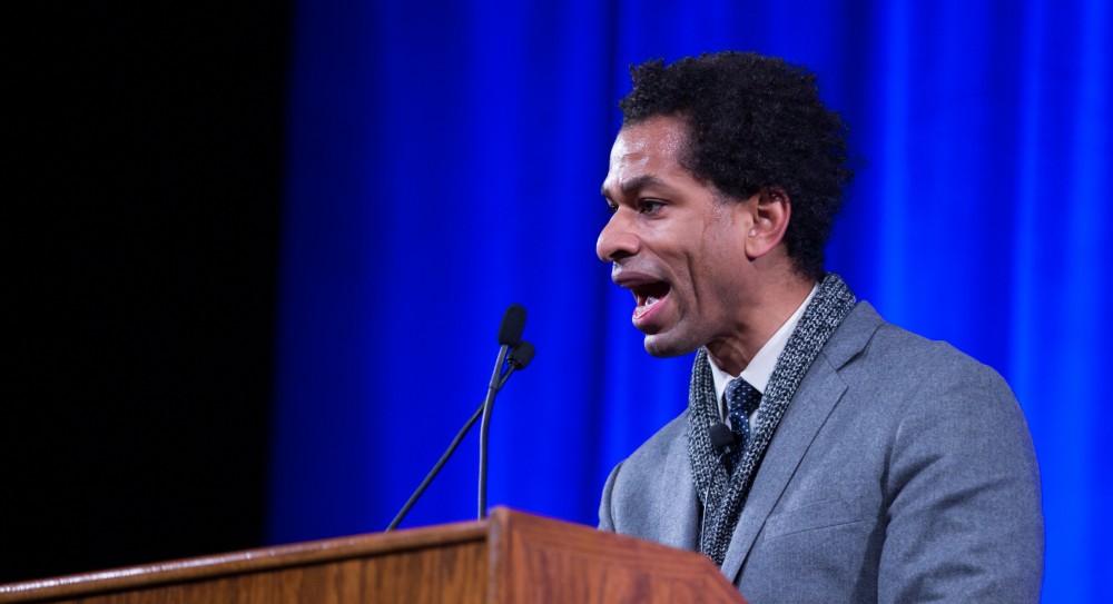 GVL / Kevin Sielaff - Touré, Vice columnist and well known author, visits Grand Valley's Allendale campus on a chilly Jan. 18, 2016. Hundreds of students gathered inside the Fieldhouse to listen to Touré's keynote speech; the students also participated in a silent march before the event.