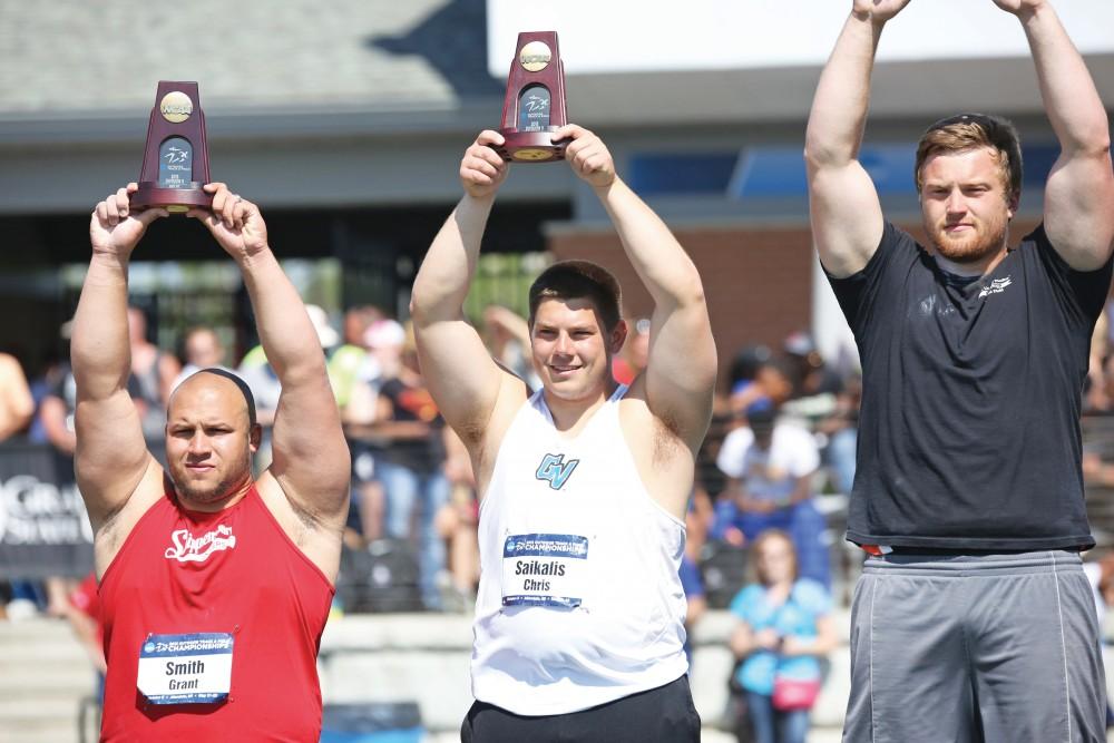 GVL/Kevin Sielaff
Chris Saikalis is awarded for his performance in the Mens Shot Put event. Grand Valley State University hosts, for the second year in a row, the annual NCAA Division II Track and Field Championship competitions Thursday, May 21, 2015 through Saturday, May 23, 2015. 