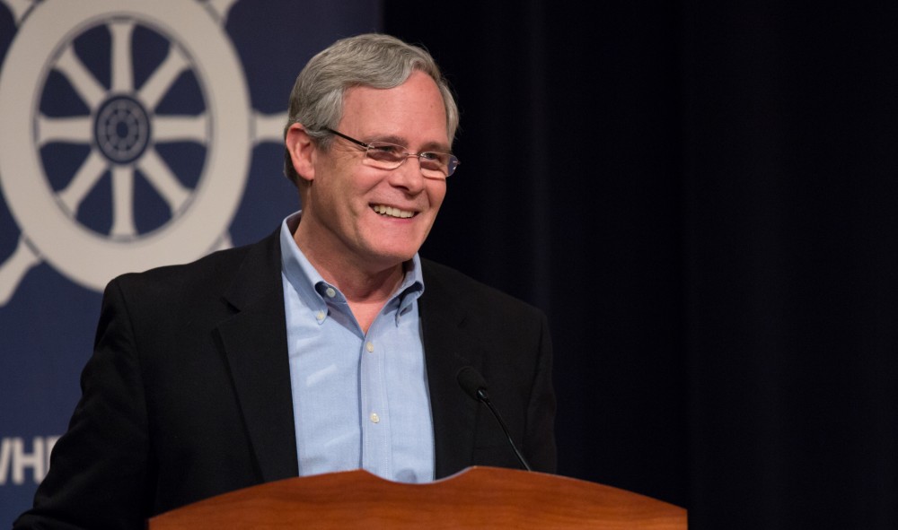 GVL / Kevin Sielaff - Gleaves Whitney pays tribute to Ralph Hauenstein before the start of Senator Warren's wheelhouse talk at Loosemore Auditorium on Grand Valley's Pew Campus Jan. 22, 2016.