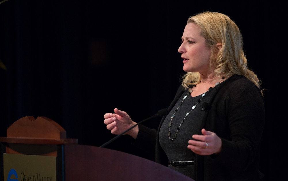 GVL / Kevin Sielaff - State senator Rebekah Warren of Michigan's 18th district speaks at Loosemore Auditorium on Grand Valley's Pew Campus Jan. 22, 2016.