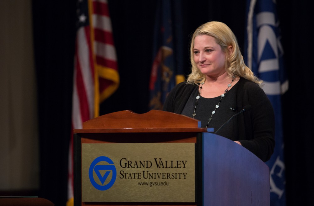 GVL / Kevin Sielaff - State senator Rebekah Warren of Michigans 18th district speaks at Loosemore Auditorium on Grand Valleys Pew Campus Jan. 22, 2016.