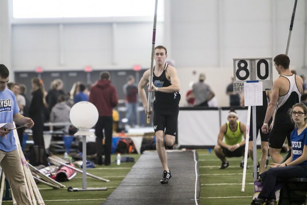 GVL / Sara Carte
Grand Valley Track and Field vaulter, Ryan Camp, runs to vault during the GVSU Mike Lints Alumni Open Meet in the Kelly Family Sports Center on Saturday, Jan. 30, 2016.