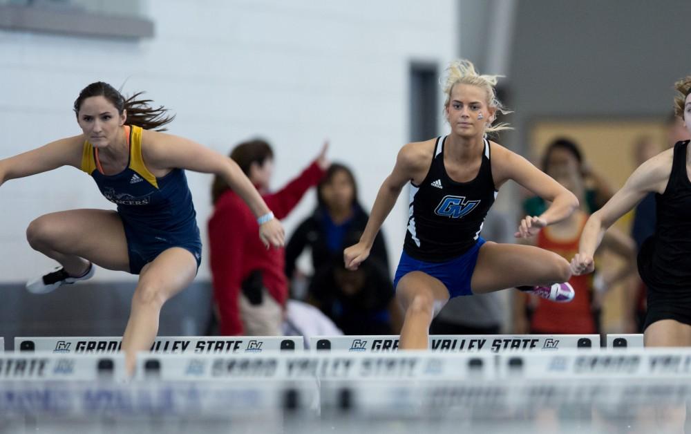 GVL / Kevin Sielaff - McKenna Mattson particpates in the women's 60 meter hurdles race.  The Kelly Family Sports Center hosts the Bob Eubanks Open Jan. 15, 2016.