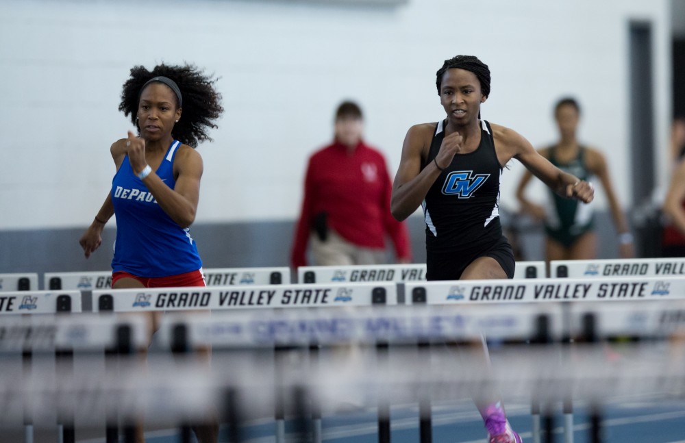 GVL / Kevin Sielaff - Tiara Wiggins participates in the women's 60 meter hurdle race.  The Kelly Family Sports Center hosts the Bob Eubanks Open Jan. 15, 2016.