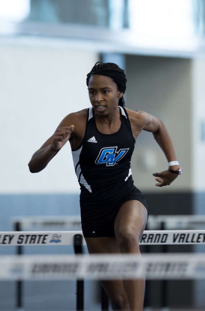 GVL / Kevin Sielaff - Tiara Wiggins participates in the women's 60 meter hurdle race.  The Kelly Family Sports Center hosts the Bob Eubanks Open Jan. 15, 2016.