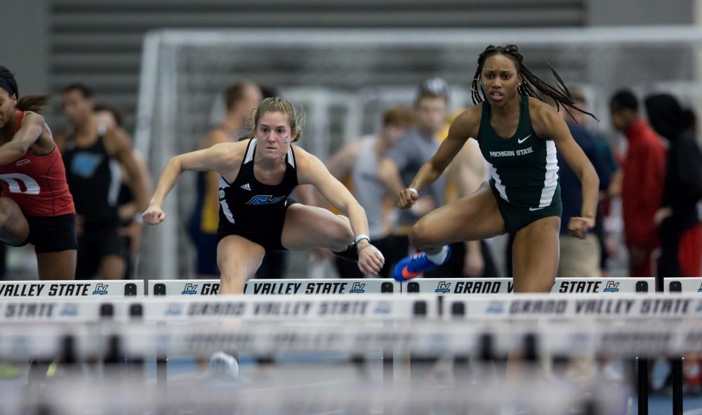 GVL / Kevin Sielaff - Beatriz Indurain participates in the women's 60 meter hurdle race.  The Kelly Family Sports Center hosts the Bob Eubanks Open Jan. 15, 2016.