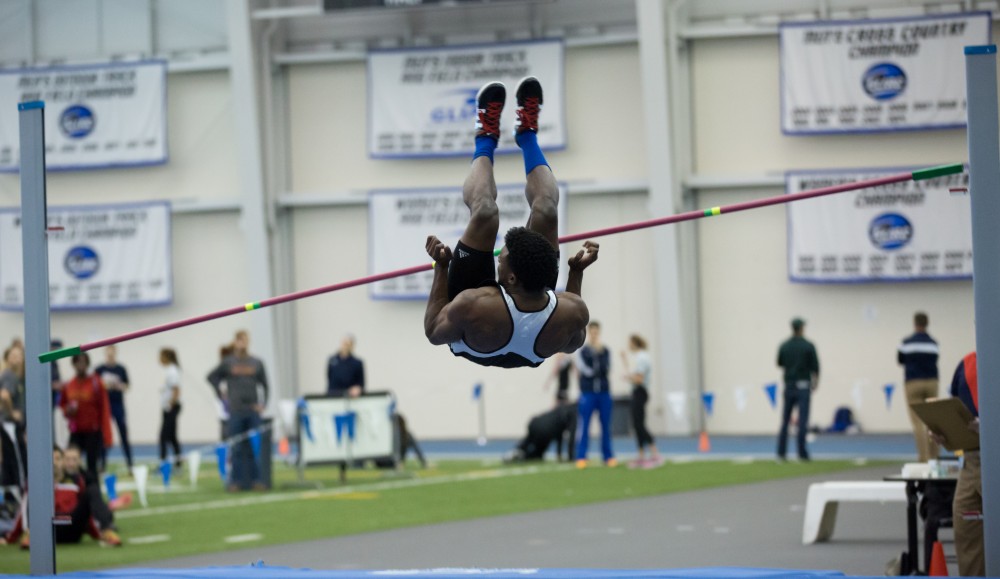 GVL / Kevin Sielaff - Tor'i Brooks participates in the men's high jump competition.  The Kelly Family Sports Center hosts the Bob Eubanks Open Jan. 15, 2016.