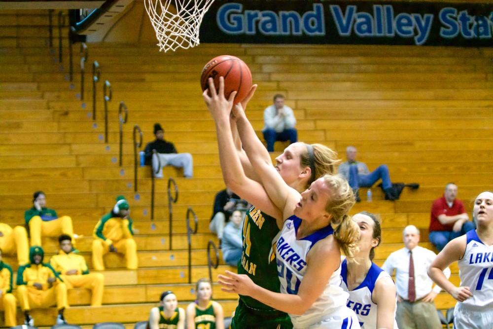 GVL / Sara Carte
Grand Valley Women’s Basketball player, Janae Langs, blocks the ball against Northern Michigan in the Fieldhouse on Jan. 14.