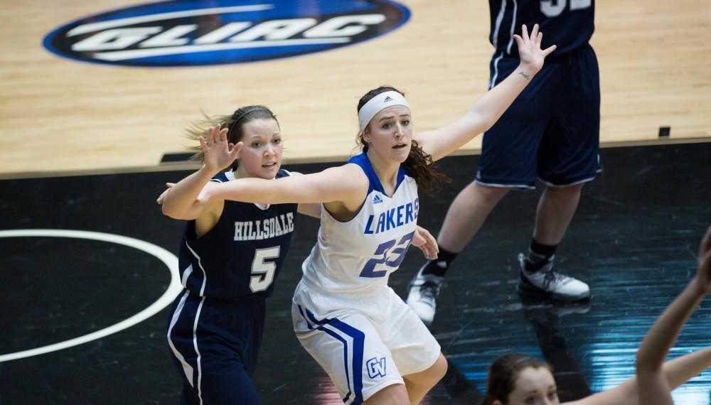 GVL / Kevin Sielaff - Kayla Dawson (23) calls for the ball on an inbound pass.  The Lakers defeat the Chargers of Hillsdale College Saturday, Jan. 30, 2016 in Allendale.