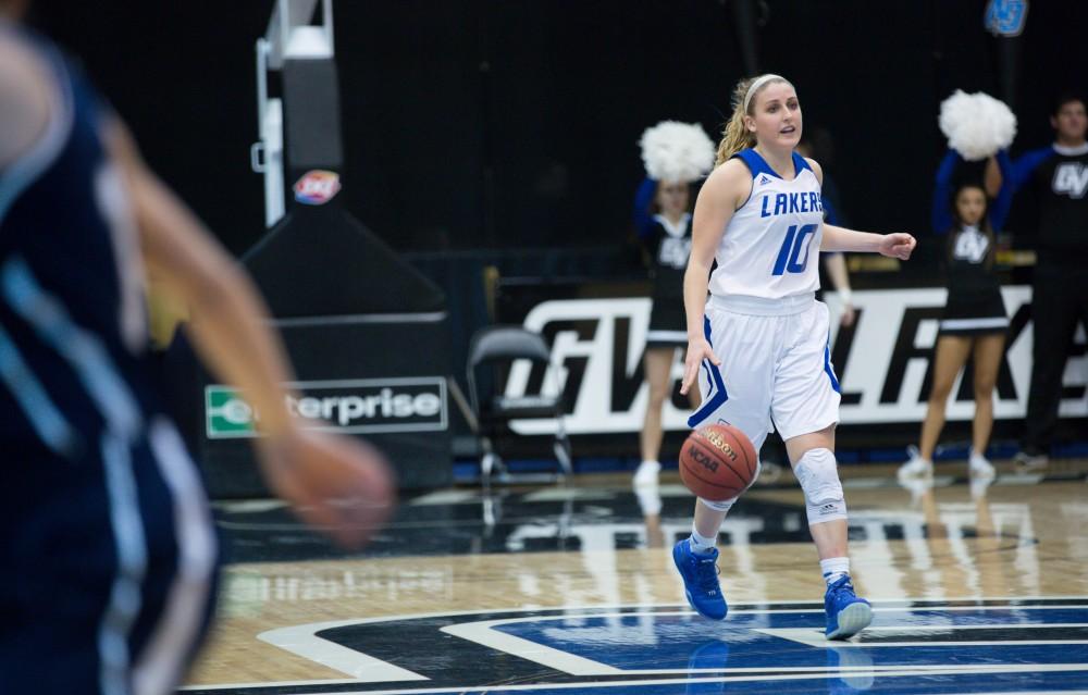 GVL / Kevin Sielaff - Taylor Lutz (10) dribbles the ball up court.  The Lakers defeat the Chargers of Hillsdale College Saturday, Jan. 30, 2016 in Allendale.