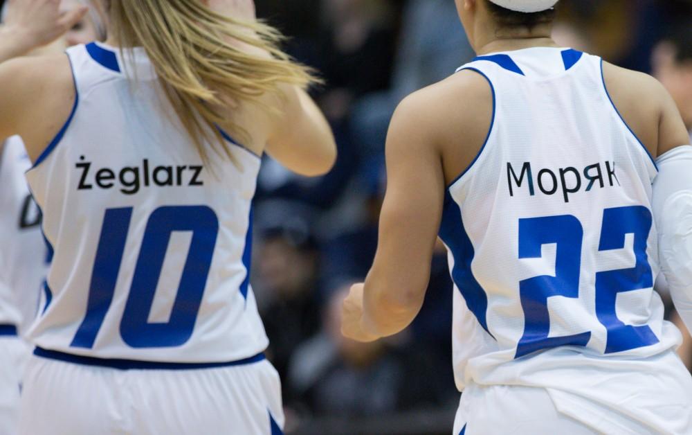 GVL / Kevin Sielaff - As part of Grand Valley's international day, the jerseys of the women's basketball team are seen showing "Lakers" written in different languages.  The Lakers down the Timberwolves of Northwood University in Allendale with a final score of 71-47 Jan. 24, 2016.