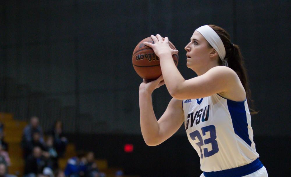 GVL / Kevin Sielaff - Kayla Dawson (23) tries a shot from the three point line.  The Lakers down the Timberwolves of Northwood University in Allendale with a final score of 71-47 Jan. 24, 2016.