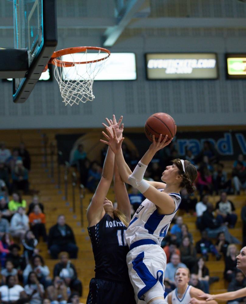 GVL / Kevin Sielaff - Korynn Hincka (44) runs in for a lay-up.  The Lakers down the Timberwolves of Northwood University in Allendale with a final score of 71-47 Jan. 24, 2016.