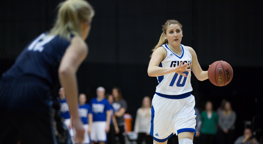 GVL / Kevin Sielaff - Taylor Lutz (10) calls a play from mid-court.  The Lakers down the Timberwolves of Northwood University in Allendale with a final score of 71-47 Jan. 24, 2016.