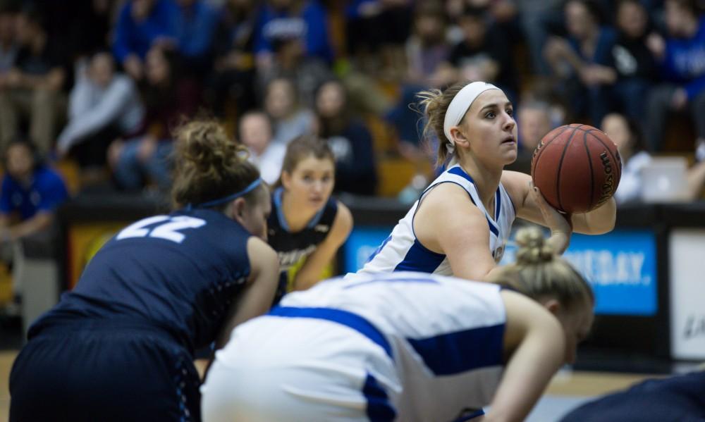 GVL / Kevin Sielaff - Taylor Parmley (14) takes a free throw. The Lakers down the Timberwolves of Northwood University in Allendale with a final score of 71-47 Jan. 24, 2016.