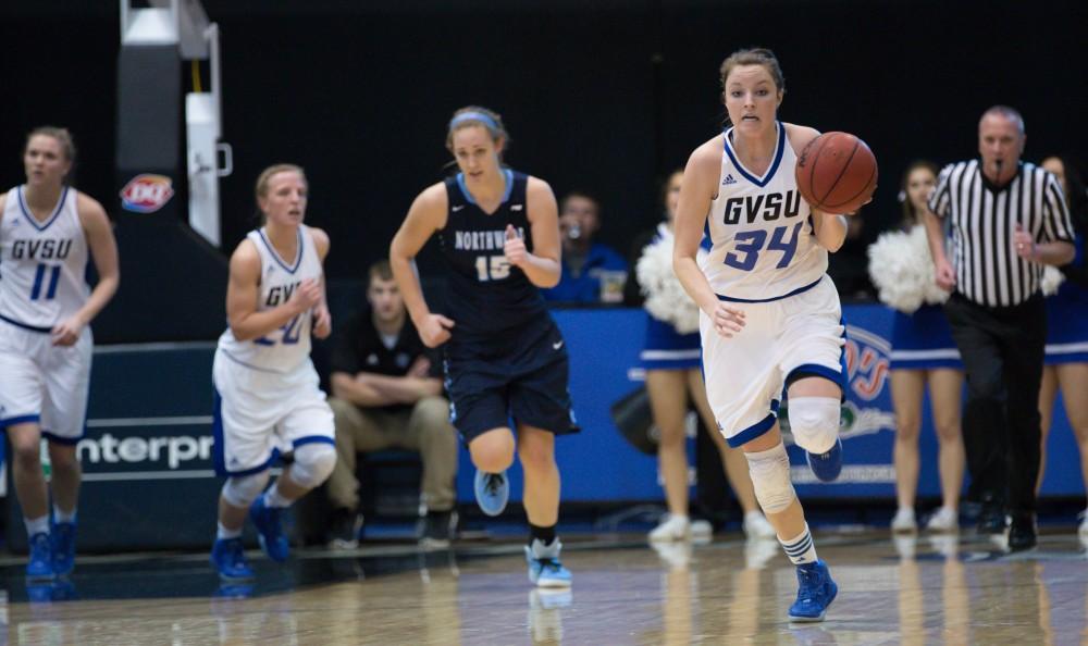 GVL / Kevin Sielaff - Bailey Cairnduff (34) sprints up court.  The Lakers down the Timberwolves of Northwood University in Allendale with a final score of 71-47 Jan. 24, 2016.