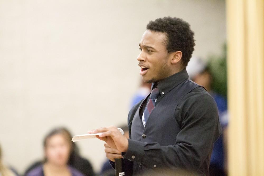 GVL / Sara Carte
Grand Valley State University student, Marcus Jiles, hosts the celebration of the Asian New Year Festival 2016, sponsored by the Asian Student Union and the Office of Multicultural Affaris, in the Kirkhof Center on Thursday, Feb. 4, 2016.