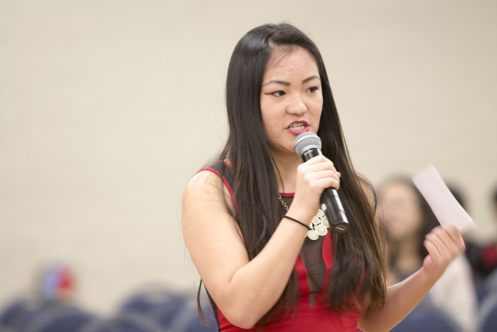 GVL / Sara Carte
Grand Valley State University student, Leah Taylor, hosts the celebration of the Asian New Year Festival 2016, sponsored by the Asian Student Union and the Office of Multicultural Affaris, in the Kirkhof Center on Thursday, Feb. 4, 2016.