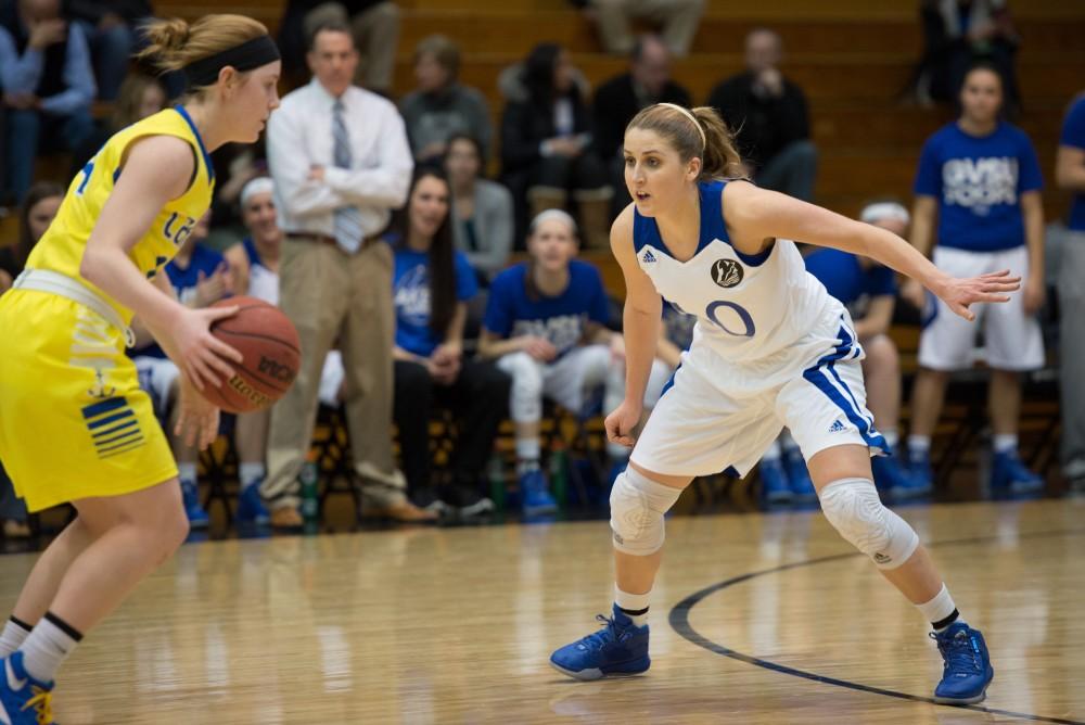 GVL / Luke Holmes - 
Taylor Lutz (10) plays defense. Grand Valley had a victory over Lake Superior State Thursday, Feb. 12, 2016.