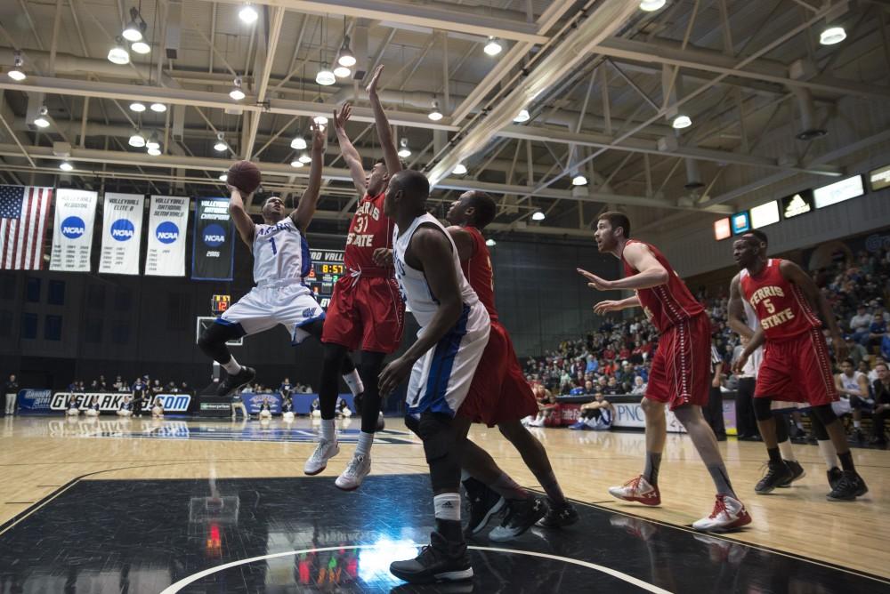 GVL/ Luke Holmes - Aaron Hayes (1) jumps up for the shot. Grand Valley defeated Ferris State 78-69 in the Fieldhouse Arena Thursday, Feb. 25, 2016.