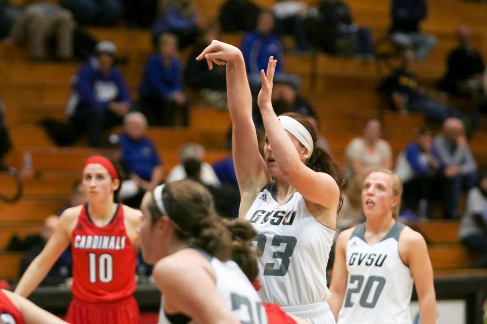 GVL / Sara Carte - Kayla Dawson (23) shoots to score against Saginaw Valley in the Fieldhouse Arena on Thursday, Feb. 18, 2016.