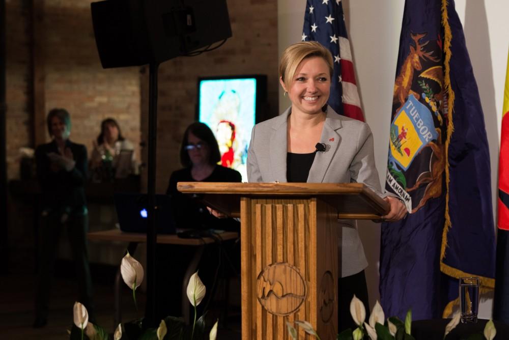 GVL/Luke HolmesMayor Rosalynn Bliss speaks on stage from the podium. Mayor Bliss held her first State of the City Address Tuesday, Feb. 2, 2016 in downtown Grand Rapids.