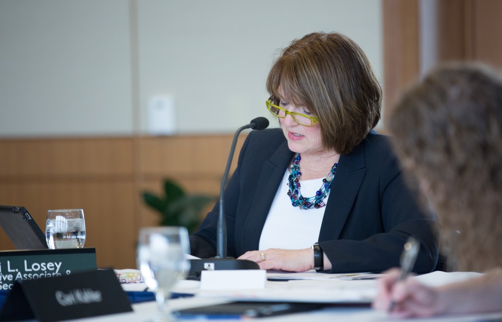 GVL / Kevin Sielaff - Teri L. Losey speaks at the Board of Trustees meeting on Friday, Feb. 12, 2016 in the Seidman College of Business on Grand Valley's Pew Campus.