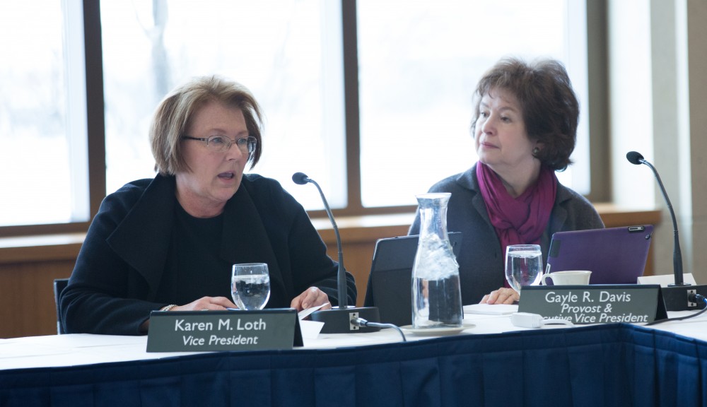 GVL / Kevin Sielaff - Karen Loth speaks at the Board of Trustees meeting on Friday, Feb. 12, 2016 in the Seidman College of Business on Grand Valley's Pew Campus.